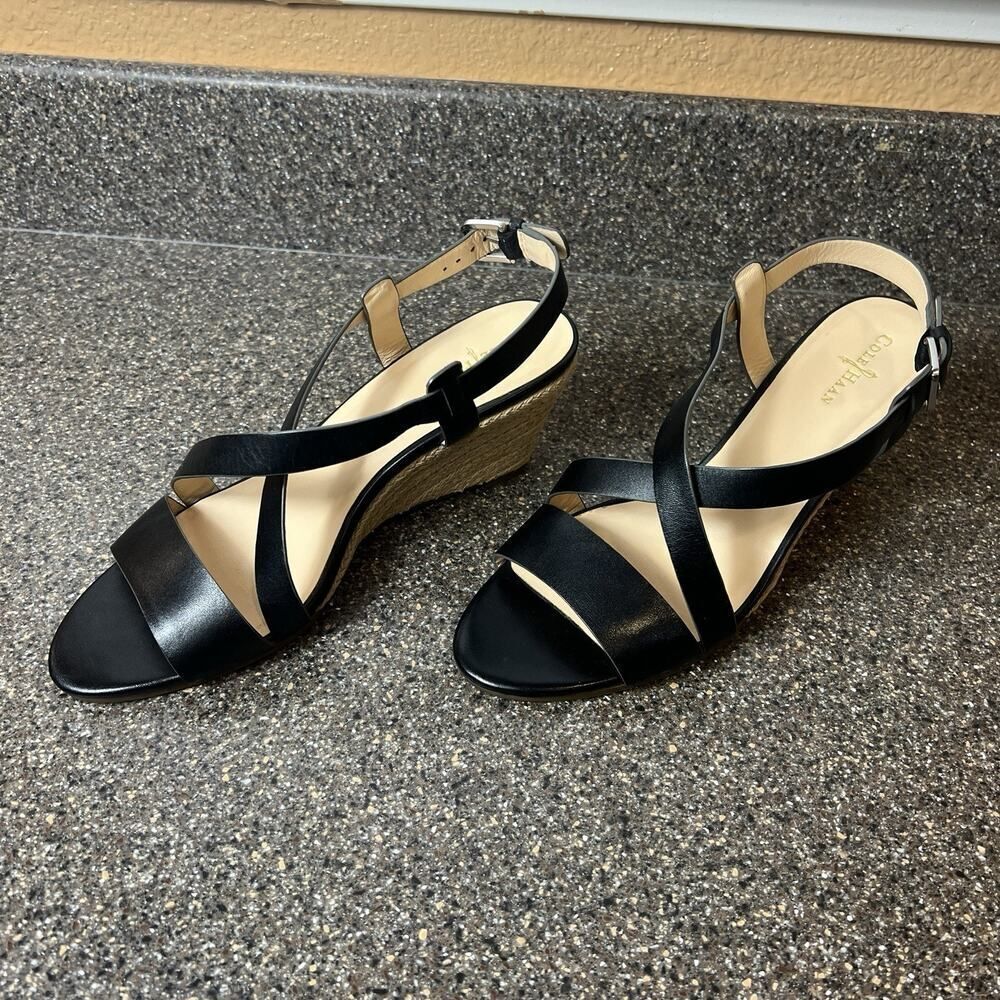 Cole Haan Women's 8 B Wedge Black Leather Espadrille Sling Back Open Toe Sandals - Picture 2 of 11